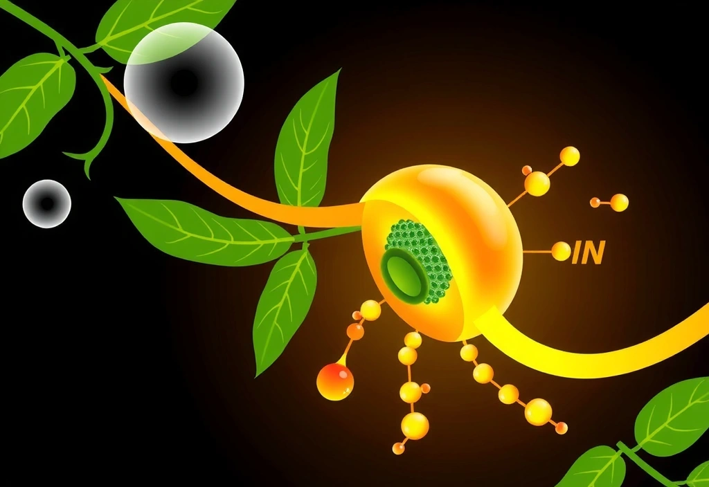 Scientific illustration of a plant cell with glowing active ingredients, symbolizing natural science in skincare