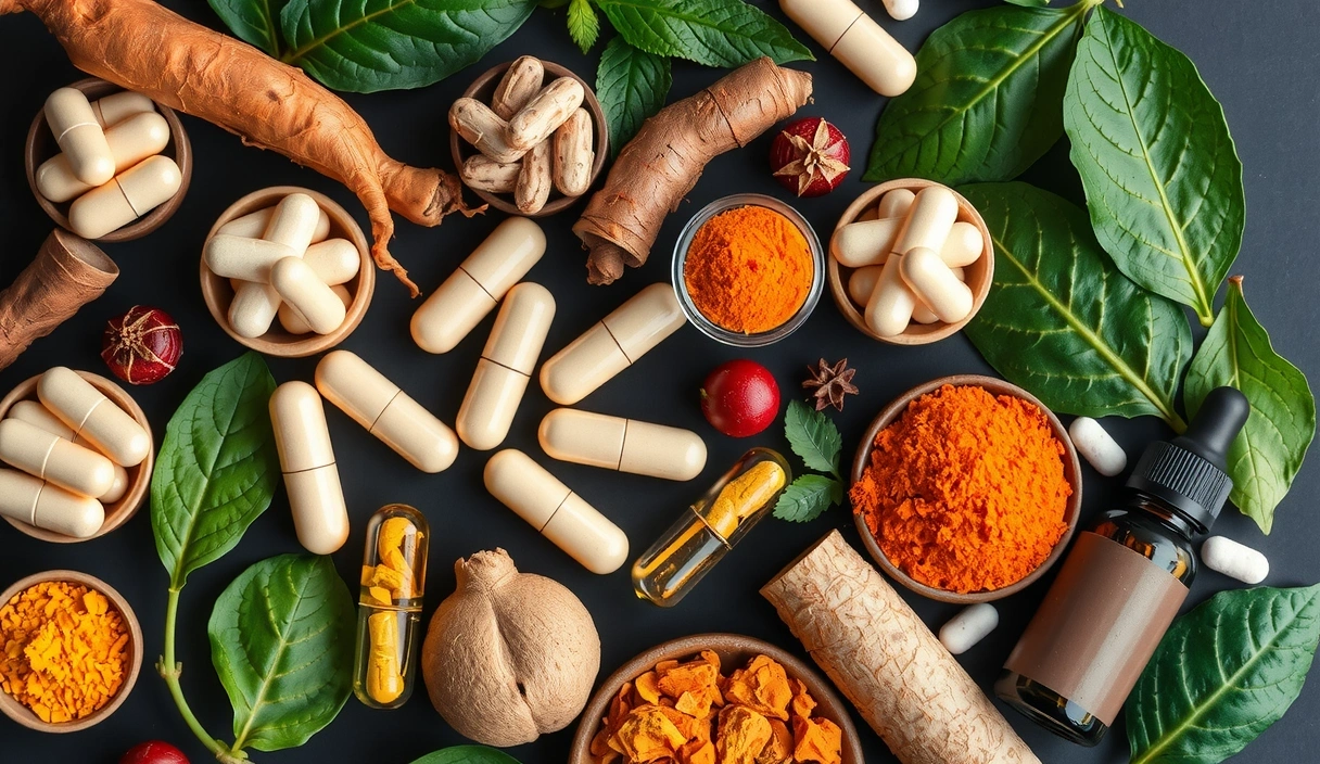 Assortment of natural herbs and vitamin capsules for men's health