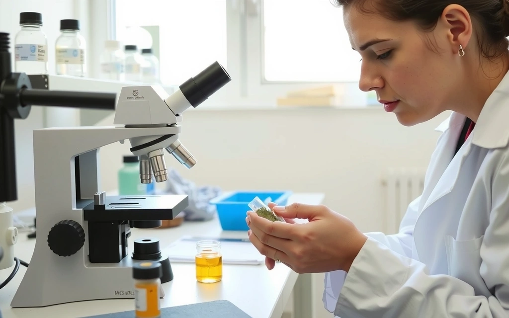 Scientist examining herbal extracts in a lab under a microscope